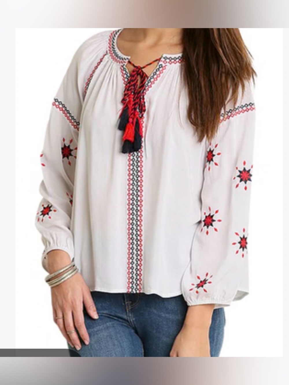 Umgee White Embroidered Peasant Blouse with Red & Black Tassels